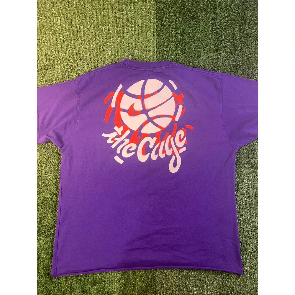 Nike Mens West 4th The Cage NYC Basketball Graphic T-Shirt Purple Large Raw Hem